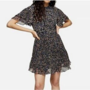 Topshop Smocked Waist Mock Neck Floral Print Mini Dress Black US Size 10